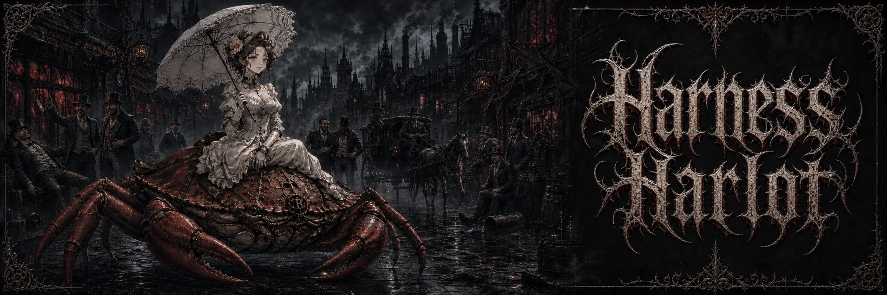 A Victorian woman riding an armored crab through a gothic industrial city beside the Harness Harlot wordmark